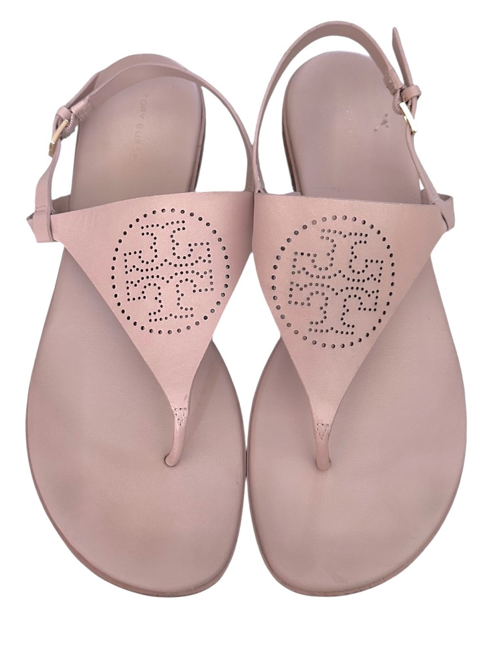 Tory Burch Capri Perforated Perf Logo Goan Sand Leather Thong Sandals 10 Box